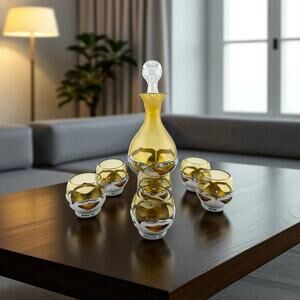 Vintage Farber Brothers Amber Glass Chrome Art Deco Decanter and 6 Glasses
